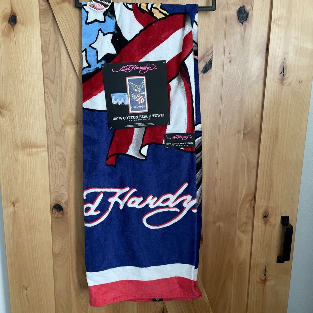AUTHENTIC USA Flag ED HARDY 100% COTTON BEACH TOWEL, 36" x 68”, NWT